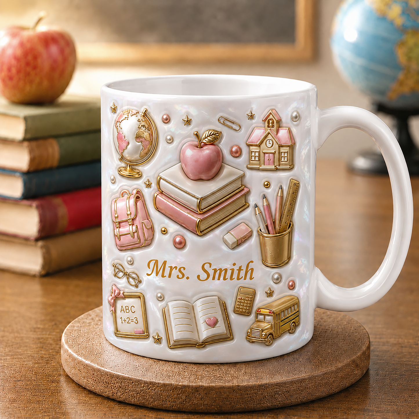 Personalized Teacher Name Mug, Faux 3D School Icons, Back to School Gift