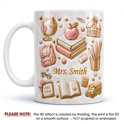 Personalized Teacher Name Mug, Faux 3D School Icons, Back to School Gift