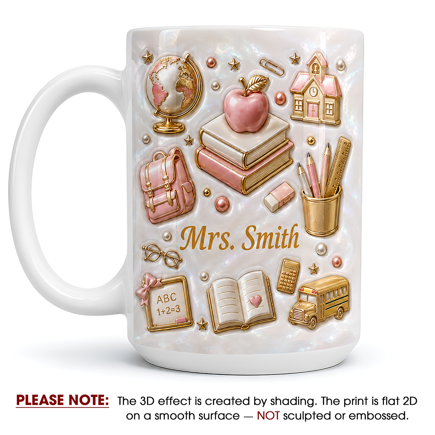 Personalized Teacher Name Mug, Faux 3D School Icons, Back to School Gift
