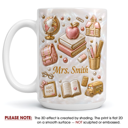 Personalized Teacher Name Mug, Faux 3D School Icons, Back to School Gift