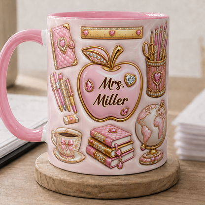 Personalized Pink Teacher Mug, Custom Teacher Name Back to School Gift