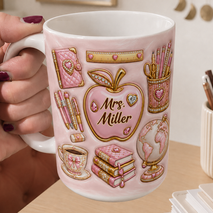 Personalized Pink Teacher Mug, Custom Teacher Name Back to School Gift