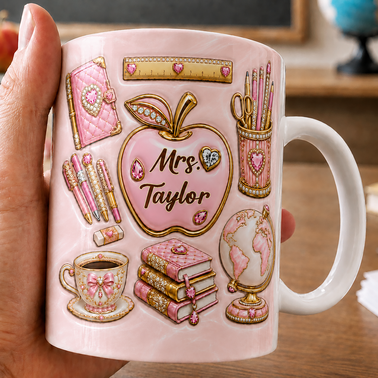 Personalized Pink Teacher Mug, Custom Teacher Name Back to School Gift