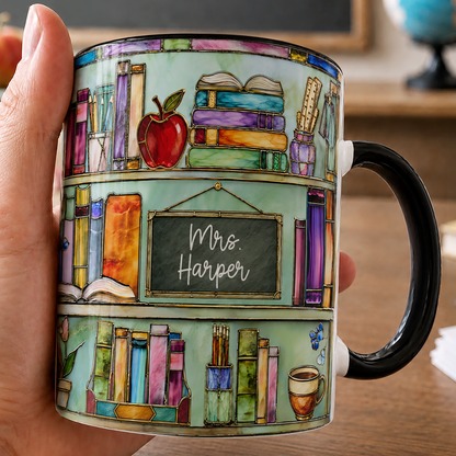 Personalized Teacher Name Mug, Stained Glass Style Bookshelf Mug, Back to School Gift