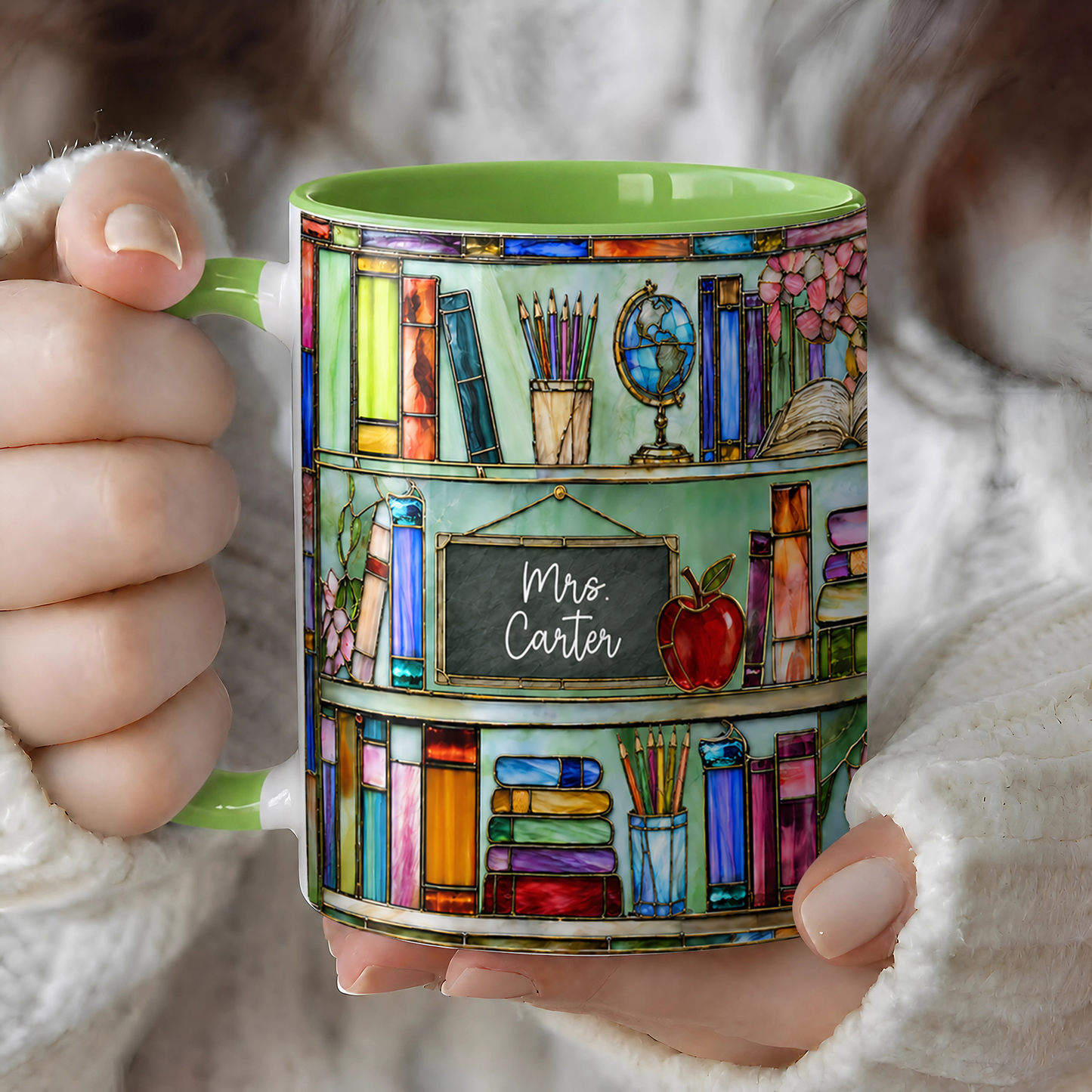 Personalized Teacher Name Mug, Stained Glass Style Bookshelf Mug, Back to School Gift