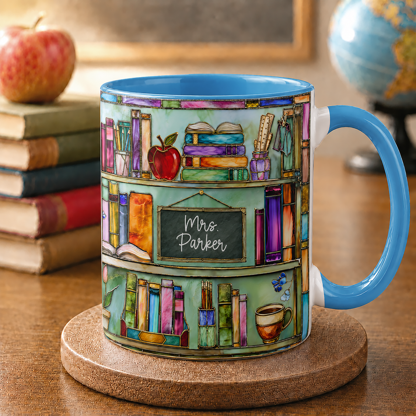 Personalized Teacher Name Mug, Stained Glass Style Bookshelf Mug, Back to School Gift
