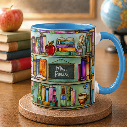 Personalized Teacher Name Mug, Stained Glass Style Bookshelf Mug, Back to School Gift