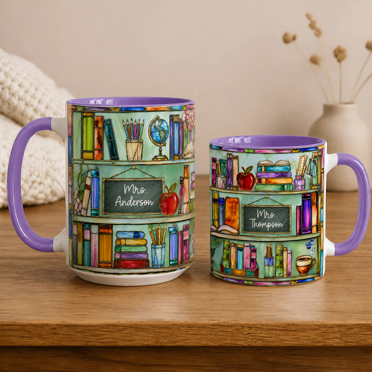 Personalized Teacher Name Mug, Stained Glass Style Bookshelf Mug, Back to School Gift