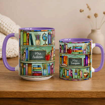 Personalized Teacher Name Mug, Stained Glass Style Bookshelf Mug, Back to School Gift