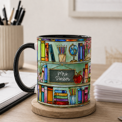 Personalized Teacher Name Mug, Stained Glass Style Bookshelf Mug, Back to School Gift