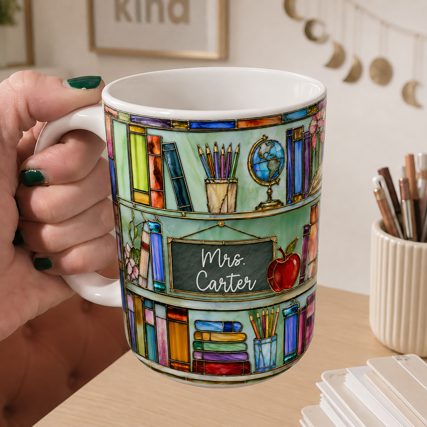 Personalized Teacher Name Mug, Stained Glass Style Bookshelf Mug, Back to School Gift