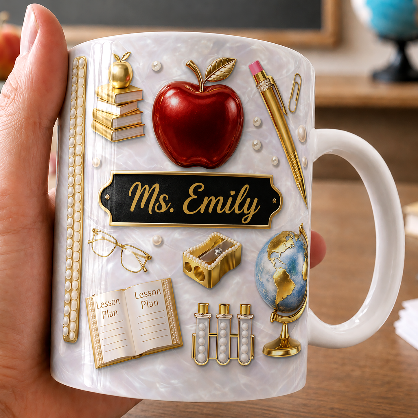 Personalized Teacher Name Mug, Custom Gold Apple Teacher Mug, Back to School Gift