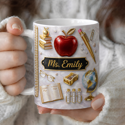 Personalized Teacher Name Mug, Custom Gold Apple Teacher Mug, Back to School Gift