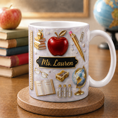 Personalized Teacher Name Mug, Custom Gold Apple Teacher Mug, Back to School Gift