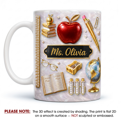 Personalized Teacher Name Mug, Custom Gold Apple Teacher Mug, Back to School Gift