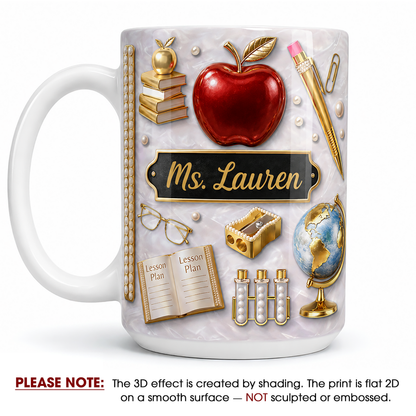 Personalized Teacher Name Mug, Custom Gold Apple Teacher Mug, Back to School Gift