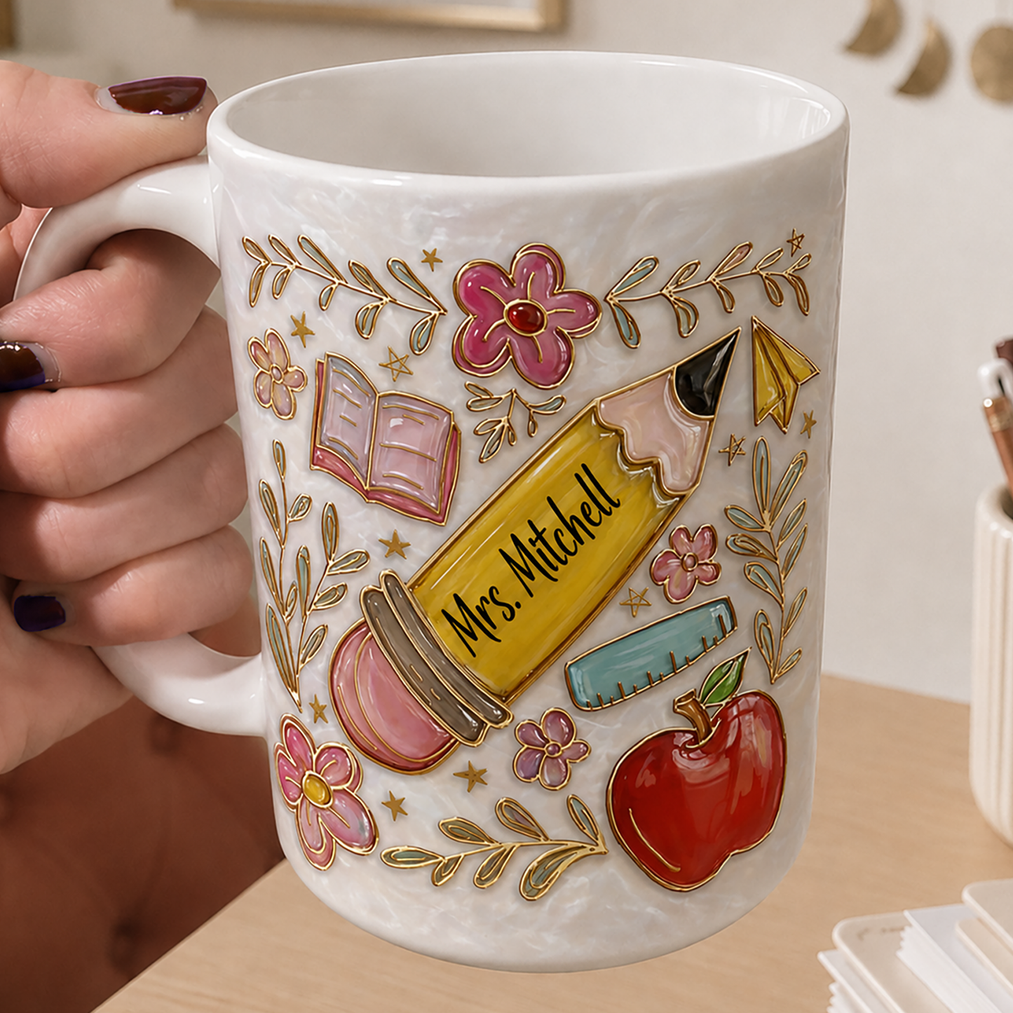 Personalized Teacher Mug, Custom Teacher Name Pencil Mug, Back to School Gift