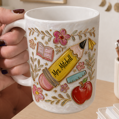 Personalized Teacher Mug, Custom Teacher Name Pencil Mug, Back to School Gift