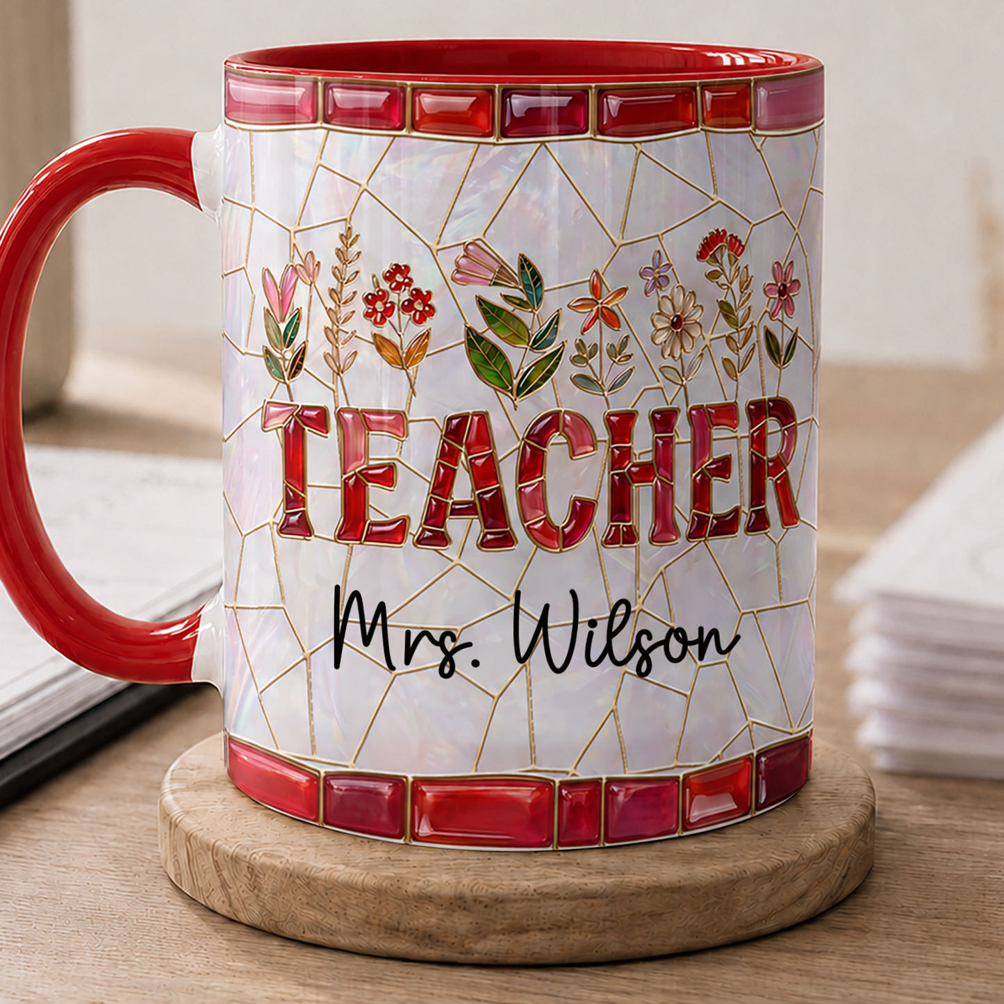Personalized Teacher Mug, Custom Name Faux Stained Glass Back to School Gift