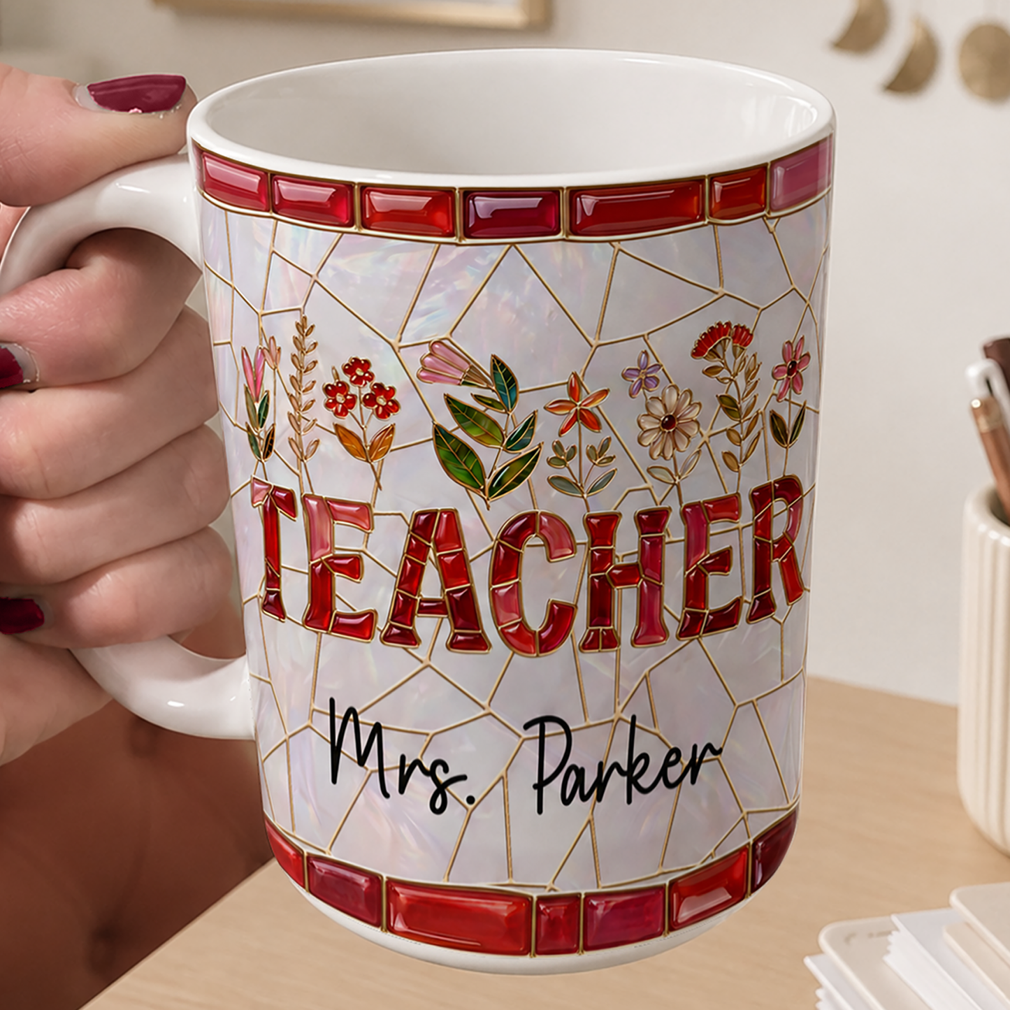 Personalized Teacher Mug, Custom Name Faux Stained Glass Back to School Gift