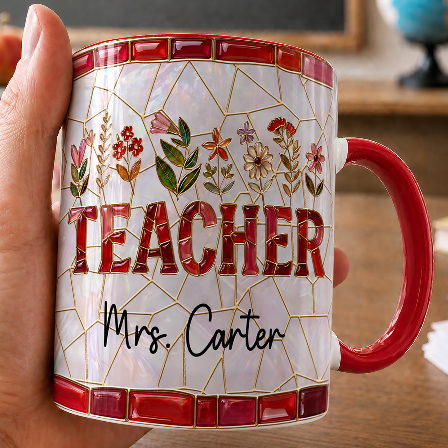 Personalized Teacher Mug, Custom Name Faux Stained Glass Back to School Gift