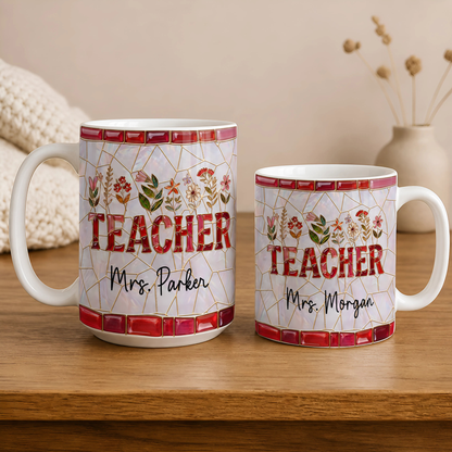 Personalized Teacher Mug, Custom Name Faux Stained Glass Back to School Gift