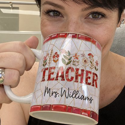 Personalized Teacher Mug, Custom Name Faux Stained Glass Back to School Gift