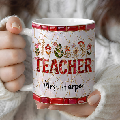 Personalized Teacher Mug, Custom Name Faux Stained Glass Back to School Gift
