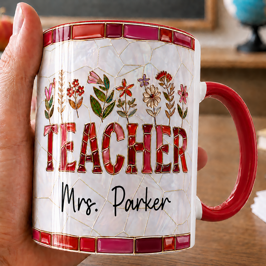 Personalized Teacher Mug, Custom Name Faux Stained Glass Back to School Gift