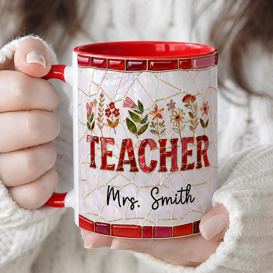 Personalized Teacher Mug, Custom Name Faux Stained Glass Back to School Gift
