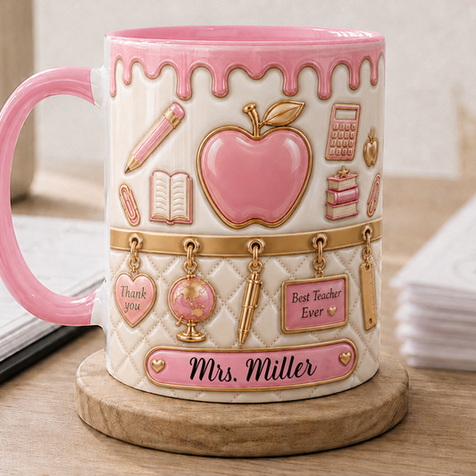Personalized Teacher Name Mug, Pink Apple Back to School Teacher Gift