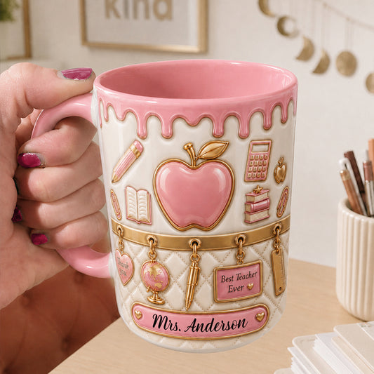 Personalized Teacher Name Mug, Pink Apple Back to School Teacher Gift