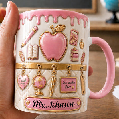 Personalized Teacher Name Mug, Pink Apple Back to School Teacher Gift