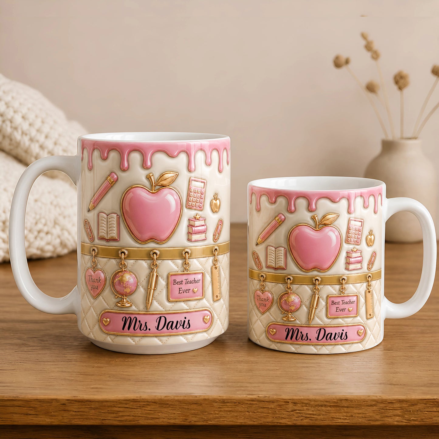 Personalized Teacher Name Mug, Pink Apple Back to School Teacher Gift