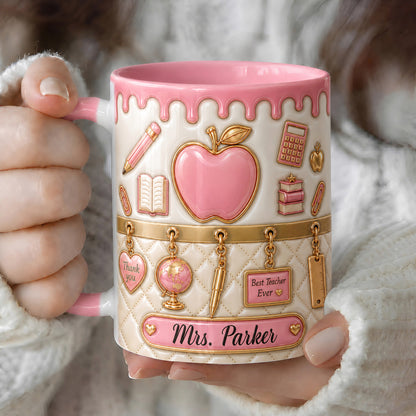 Personalized Teacher Name Mug, Pink Apple Back to School Teacher Gift