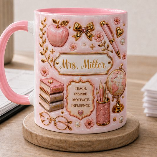 Personalized Teacher Name Mug, Pink Faux 3D Back to School Gift for Teachers