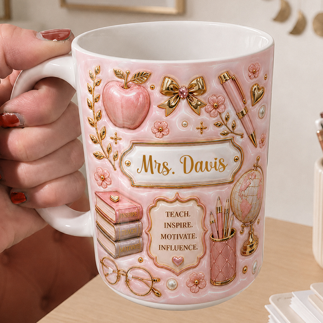 Personalized Teacher Name Mug, Pink Faux 3D Back to School Gift for Teachers