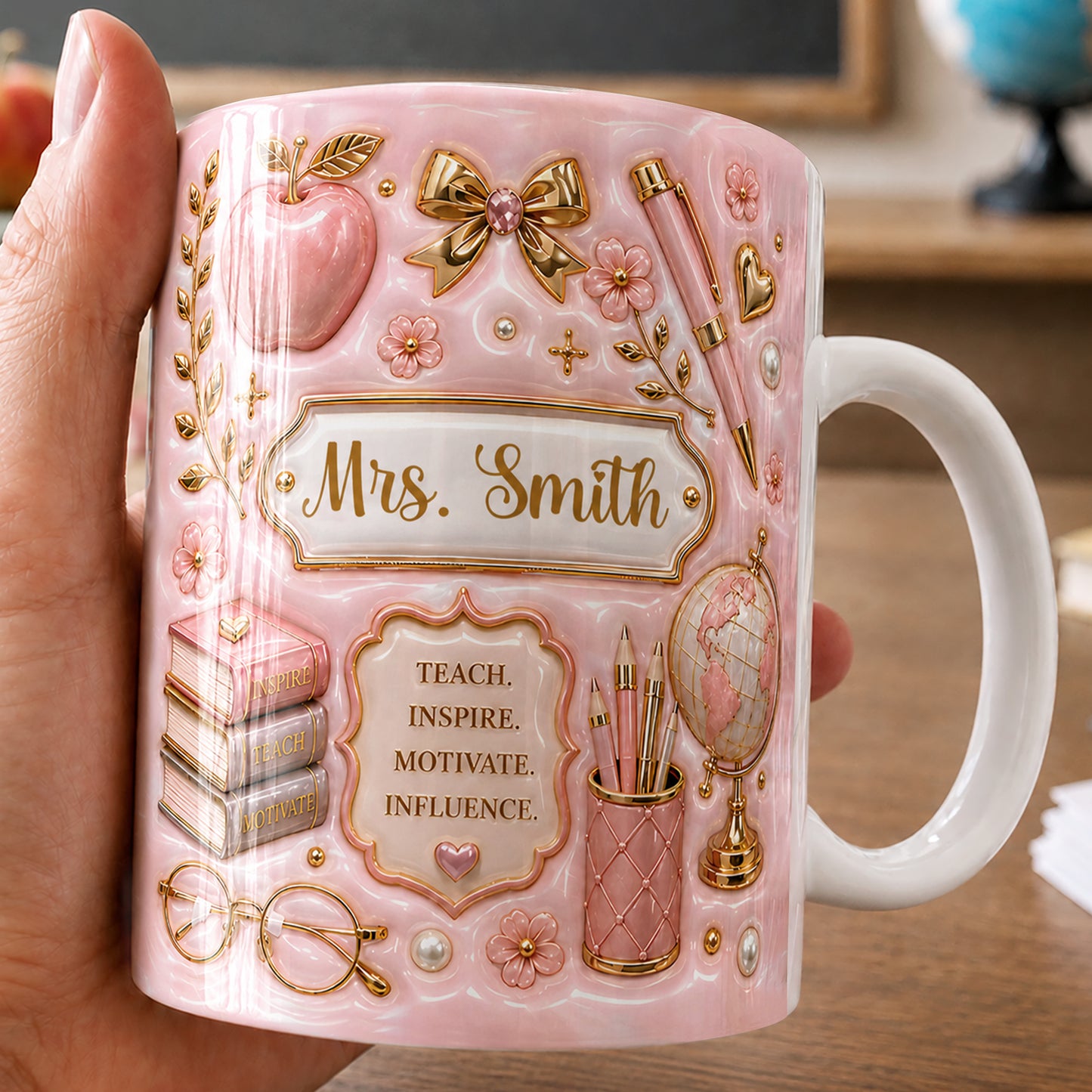 Personalized Teacher Name Mug, Pink Faux 3D Back to School Gift for Teachers