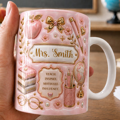 Personalized Teacher Name Mug, Pink Faux 3D Back to School Gift for Teachers