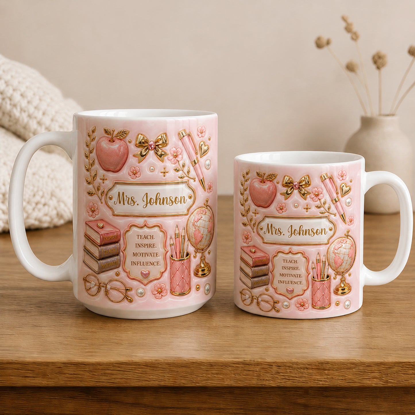 Personalized Teacher Name Mug, Pink Faux 3D Back to School Gift for Teachers