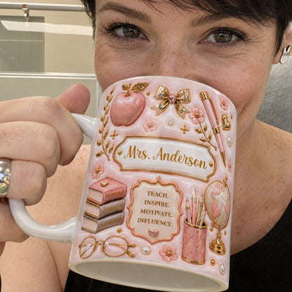 Personalized Teacher Name Mug, Pink Faux 3D Back to School Gift for Teachers