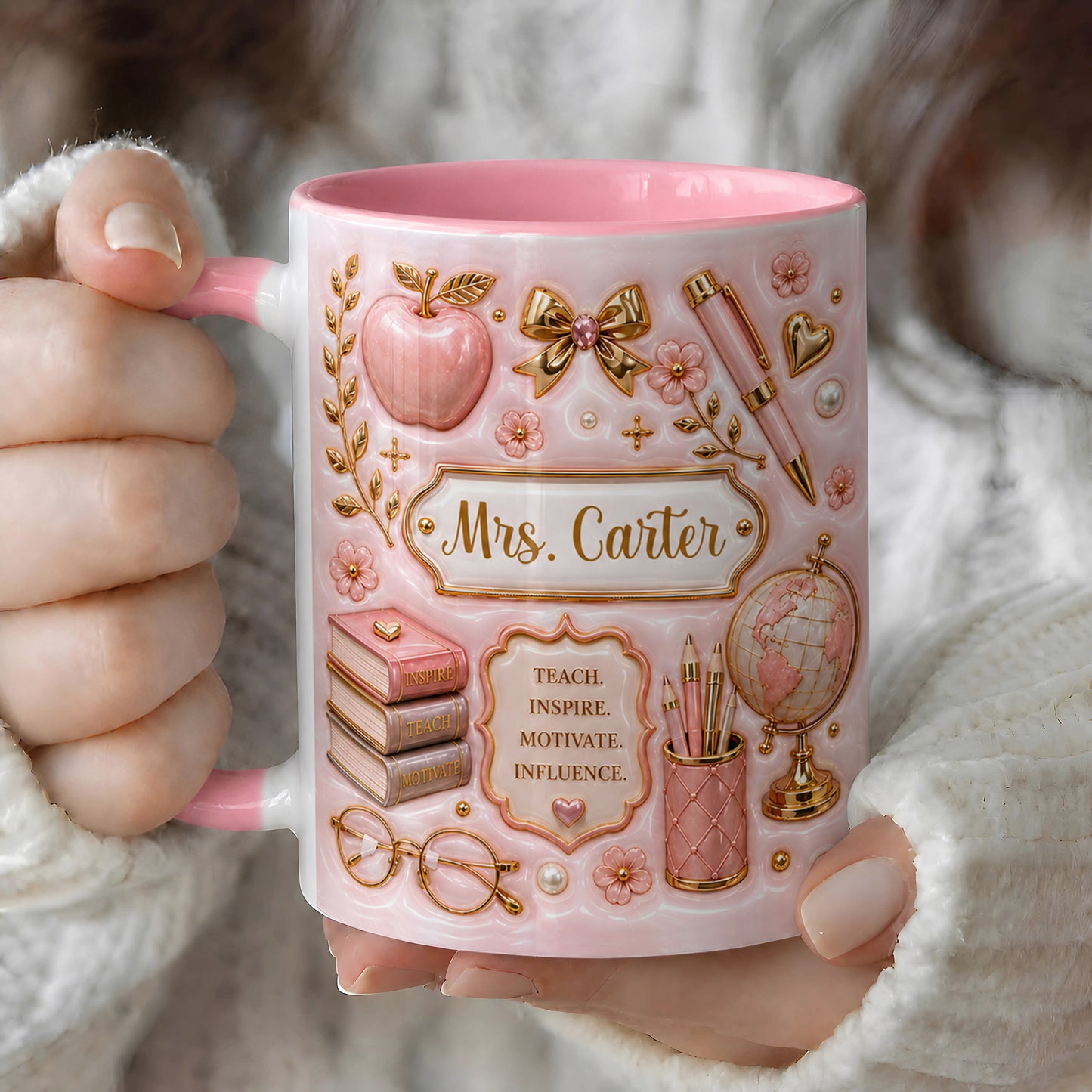 Personalized Teacher Name Mug, Pink Faux 3D Back to School Gift for Teachers