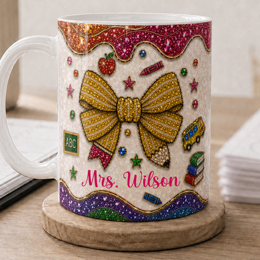 Personalized Teacher Name Mug, Faux Gem Bow Back to School Teacher Gift