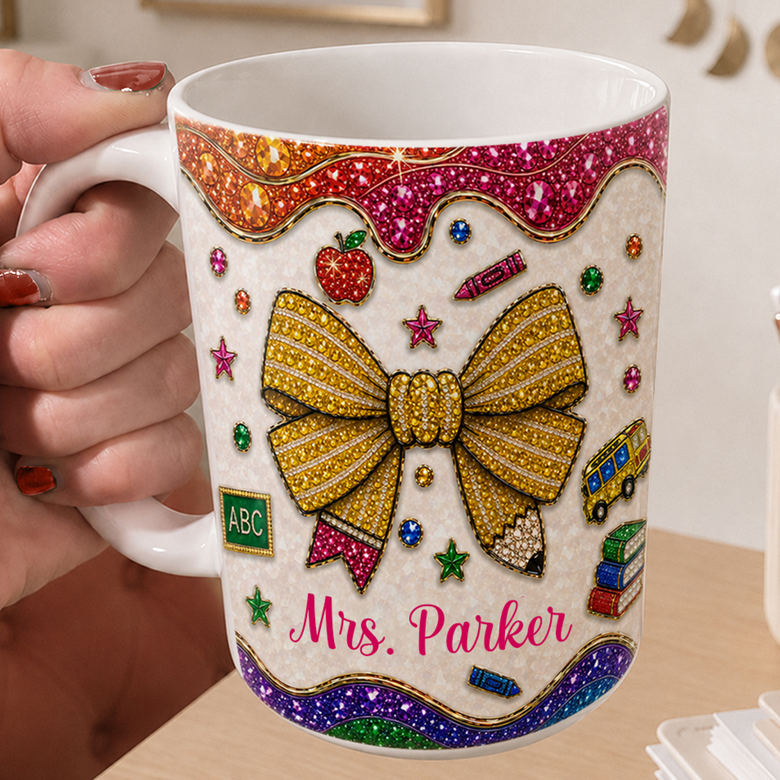 Personalized Teacher Name Mug, Faux Gem Bow Back to School Teacher Gift