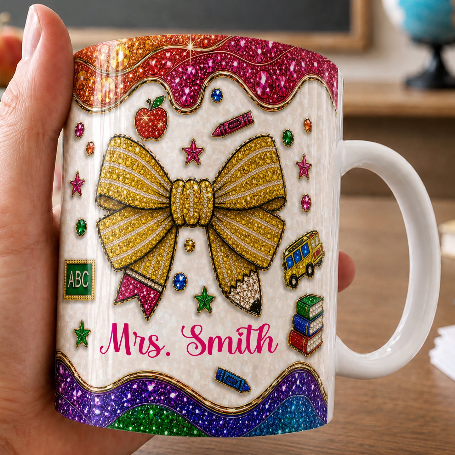 Personalized Teacher Name Mug, Faux Gem Bow Back to School Teacher Gift