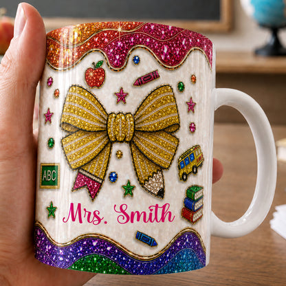 Personalized Teacher Name Mug, Faux Gem Bow Back to School Teacher Gift