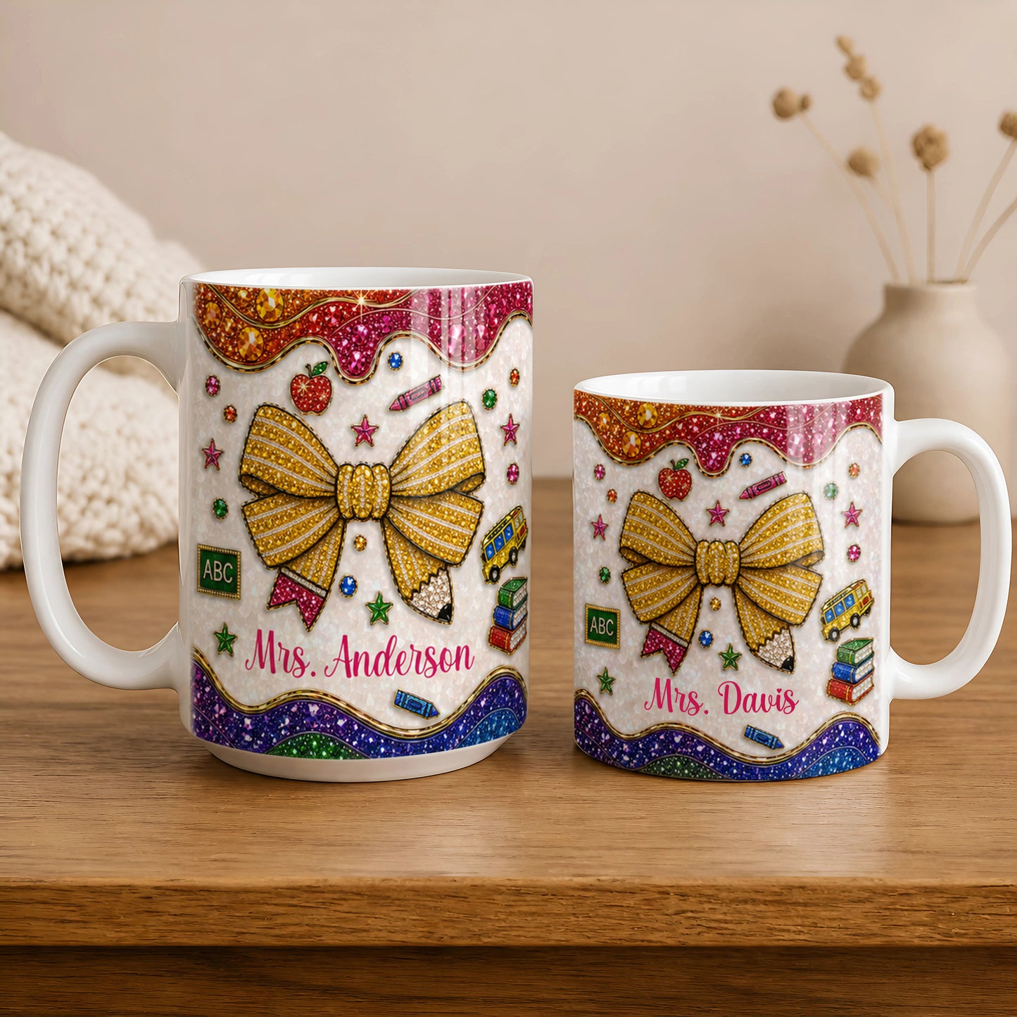 Personalized Teacher Name Mug, Faux Gem Bow Back to School Teacher Gift