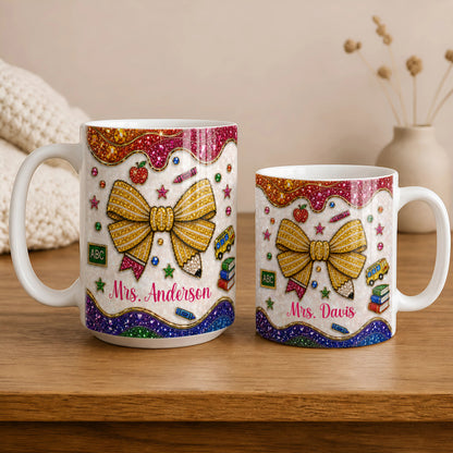 Personalized Teacher Name Mug, Faux Gem Bow Back to School Teacher Gift
