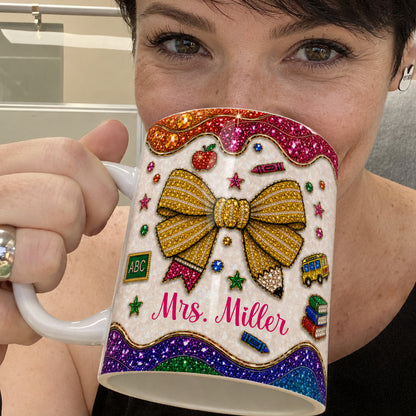 Personalized Teacher Name Mug, Faux Gem Bow Back to School Teacher Gift