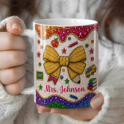 Personalized Teacher Name Mug, Faux Gem Bow Back to School Teacher Gift